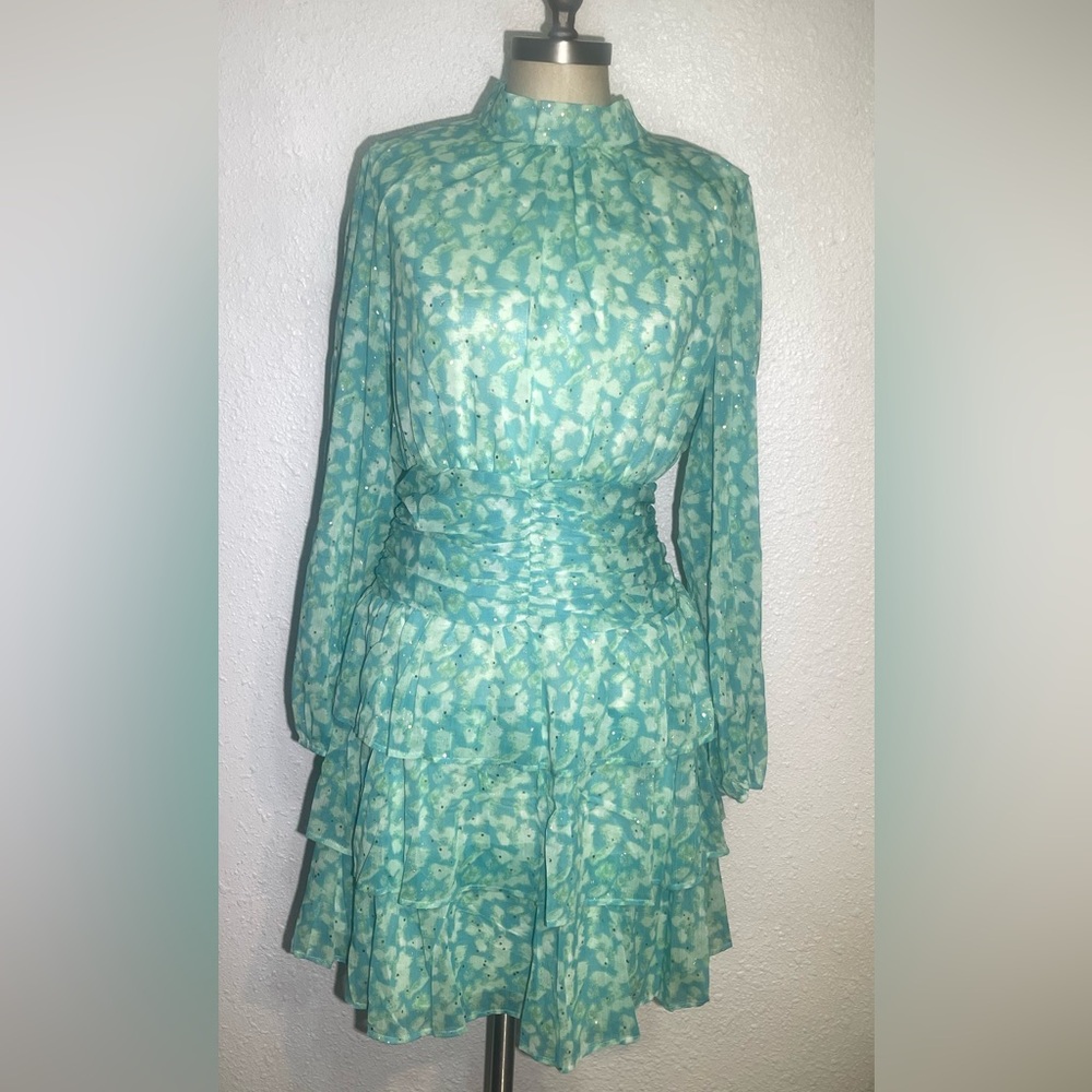 Easy clothes Light Aqua Floral Long-Sleeve Tiered Dress size large